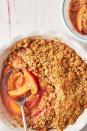 <p>What makes a peach crumble different than a <a href="https://www.delish.com/cooking/recipe-ideas/a27971398/easy-peach-crisp-recipe/" rel="nofollow noopener" target="_blank" data-ylk="slk:peach crisp;elm:context_link;itc:0;sec:content-canvas" class="link ">peach crisp</a> or <a href="https://www.delish.com/cooking/recipe-ideas/a27925395/easy-peach-cobbler-recipe/" rel="nofollow noopener" target="_blank" data-ylk="slk:peach cobbler;elm:context_link;itc:0;sec:content-canvas" class="link ">peach cobbler</a>? It's all in the topping. A crumble is defined by the crumbled, buttery topping usually made out of clumps of butter, flour and sugar. In our crumble, we pile the topping on high so every bite gets a perfect balance of juicy peaches and warm cinnamon topping. </p><p>Get the <strong><a href="https://www.delish.com/cooking/recipe-ideas/a28091638/peach-crumble-recipe/" rel="nofollow noopener" target="_blank" data-ylk="slk:Peach Crumble recipe;elm:context_link;itc:0;sec:content-canvas" class="link ">Peach Crumble recipe</a></strong>. </p>