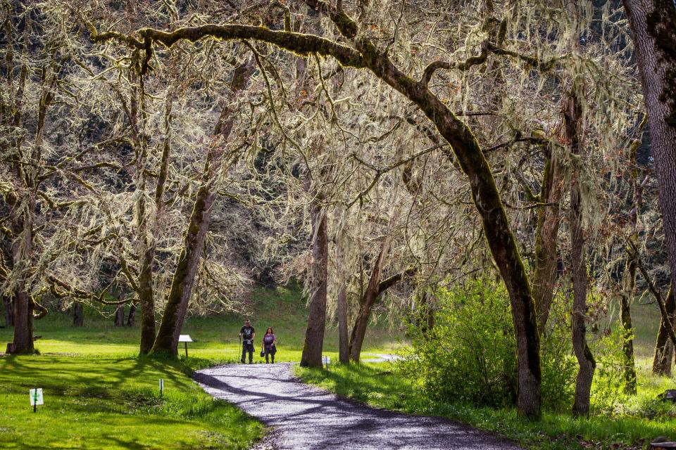 Visitors walk through Mount Pisgah Arboretum southeast of Eugene.