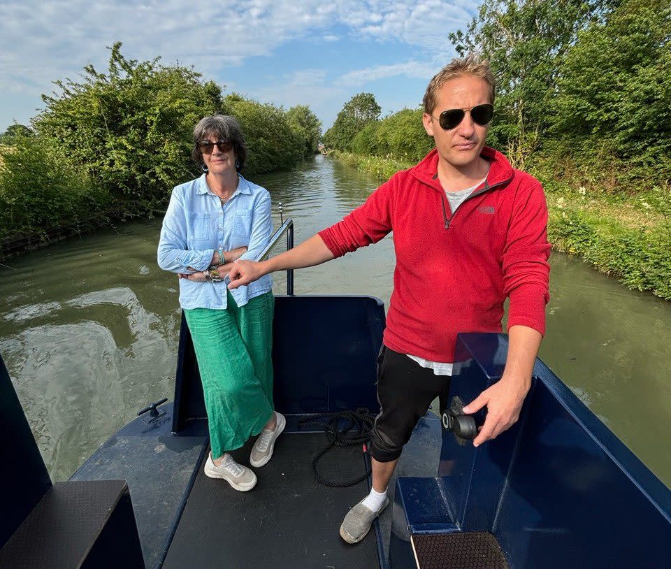 Writer Fiona Duncan and her son cruising on the Oxford Canal