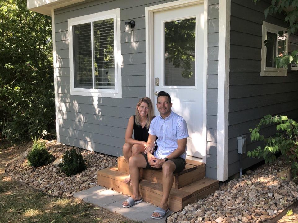 Julie Masson's backyard "she shed" looks like a mini home. Her husband Jesse helped build it during the pandemic so she can work remotely.