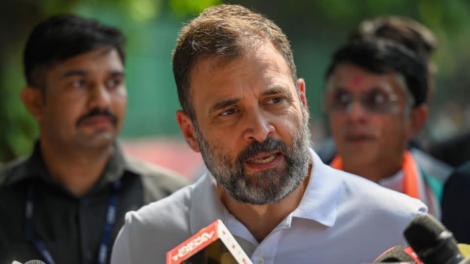 Rahul Gandhi addresses the media after winning the Karnataka Assembly Elections on May 13, 2023.   - Sanchit Khanna/Hindustan Times/Getty Images