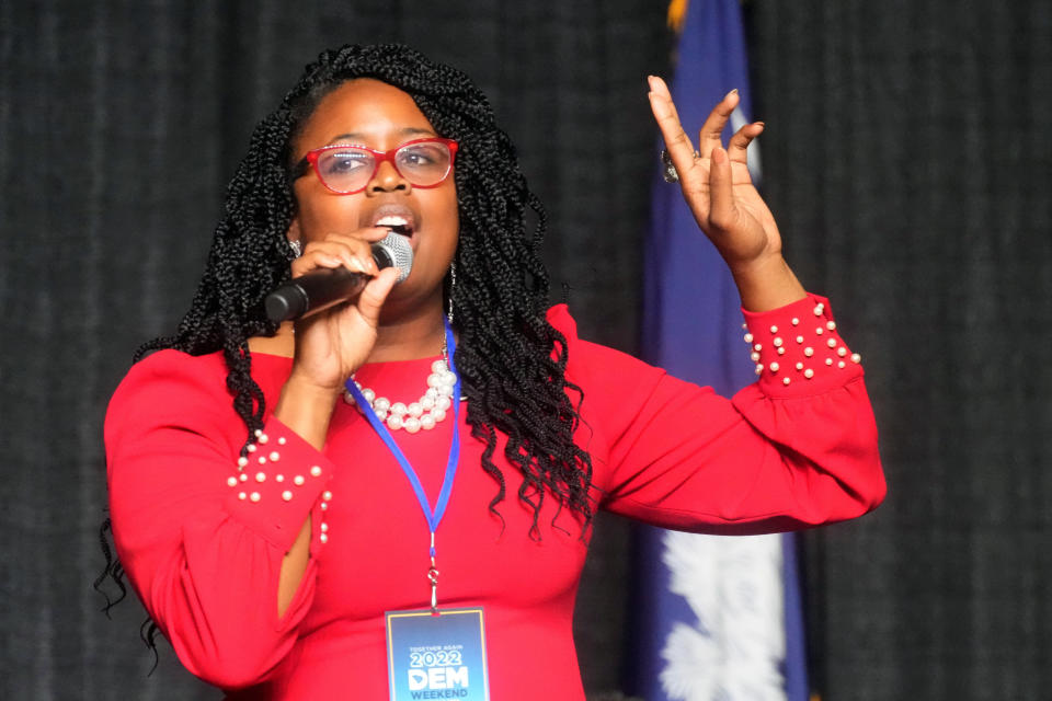 FILE - State Rep. Krystle Matthews, a Democrat seeking to challenge GOP U.S. Sen. Tim Scott, speaks at the South Carolina Democratic Party convention on Saturday, June 11, 2022, in Columbia, S.C. Democrats in South Carolina get another shot at loosening the firm grasp Republican have on statewide politics as voting ends Tuesday for the 2022 elections. But it's likely to be a tough fight.(AP Photo/Meg Kinnard, File)