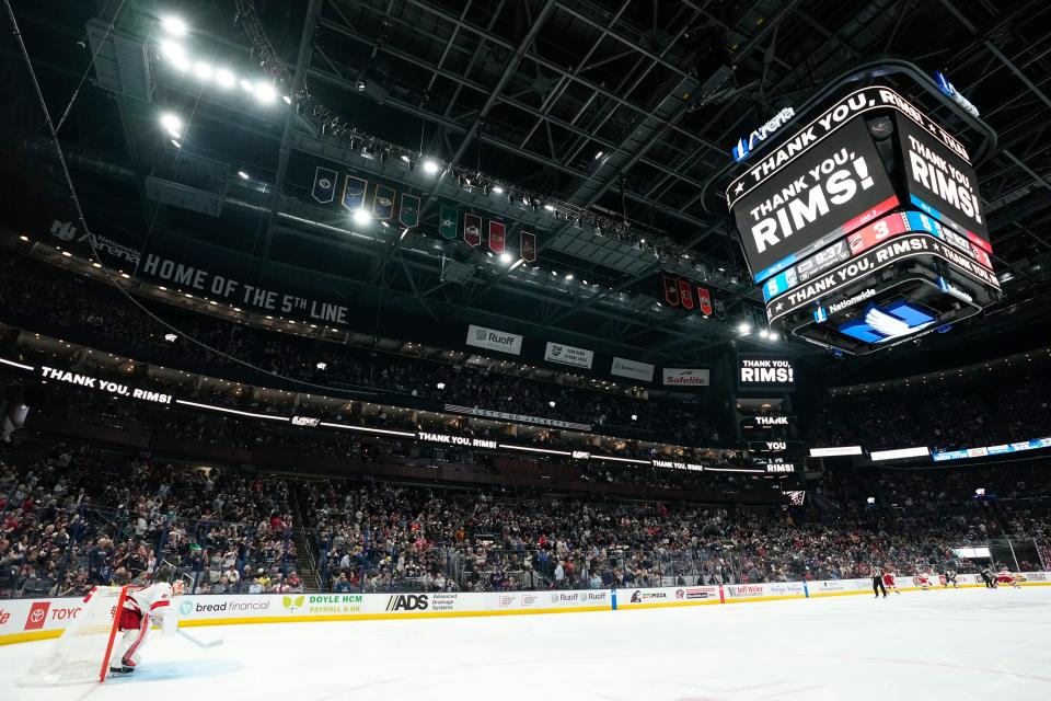 Apr 16, 2024; Columbus, Ohio, USA; Columbus Blue Jackets broadcaster Jeff Rimer is recognized in his final game during the third period of the NHL hockey game against the Carolina Hurricanes at Nationwide Arena.