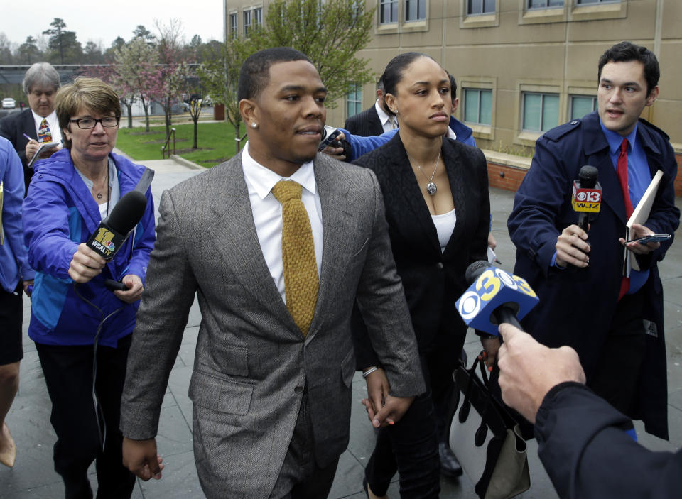 Baltimore Ravens football player and former Rutgers University standout, Ray Rice holds hands with his wife Janay Palmer as they arrive at Atlantic County Criminal Courthouse in Mays Landing, N.J., Thursday, May 1, 2014. After Rice and Janay Palmer got into a physical altercation on Feb. 15 at an Atlantic City casino, both were charged with simple assault-domestic violence. (AP Photo/Mel Evans)