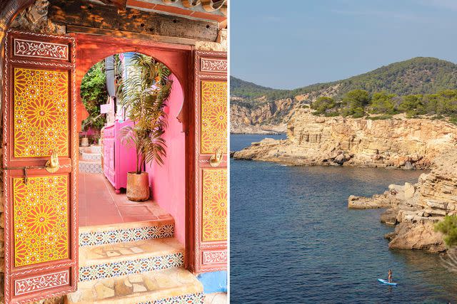 Gunnar Knechtel From left: A Moroccan-style doorway at Pike's hotel, once the location of the island's most legendary parties; paddleboarding at Punta Galera, in the southwest of Ibiza.