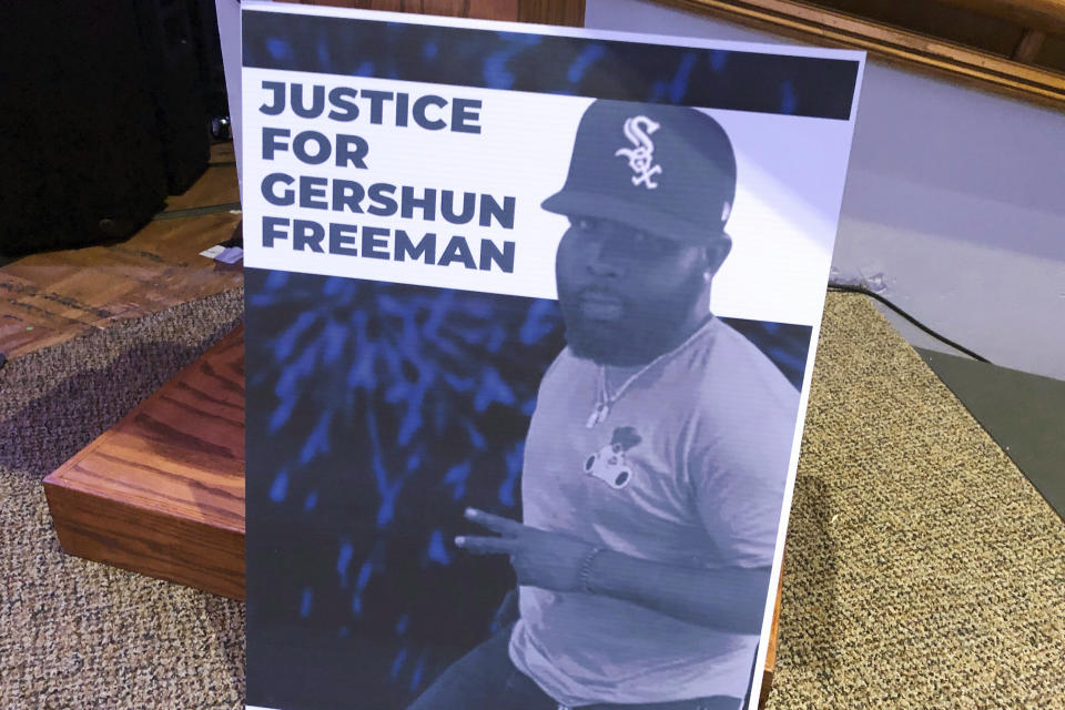 A poster showing an image of Gershun Freeman is displayed during a news conference on Sept. 25, 2023, in Memphis, Tenn. Freeman, 33, died in October 2022 after he was beaten in a Memphis jail. Nine jail deputies have been charged in the beating. (AP Photo/Adrian Sainz)