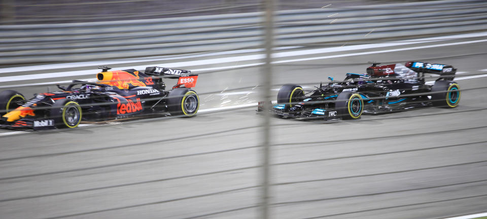 Max Verstappen (pictured left) of Red Bull leads Lewis Hamilton (pictured right) of Mercedes at the Bahrain Formula One Grand Prix.