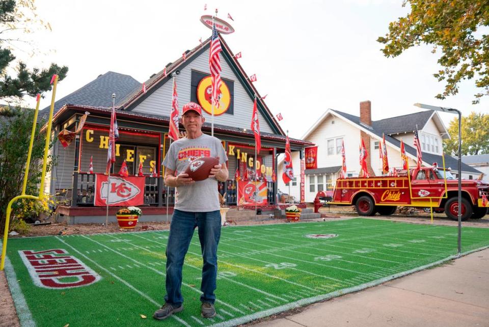 Dennis Basye, 71, has created his own “Chiefs Kingdom” at his home in Sedgwick. The 71-year-old has been a diehard Chiefs fan since 1969. His display includes a field in his front yard, lights, sirens and a 1965 Chevrolet firetruck that he and a friend have restored.
