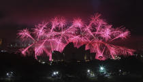 Fireworks explode behind the Opera House during the New Year celebrations in Sydney, Australia, Tuesday, Jan. 1, 2013. (AP Photo/Rob Griffith)