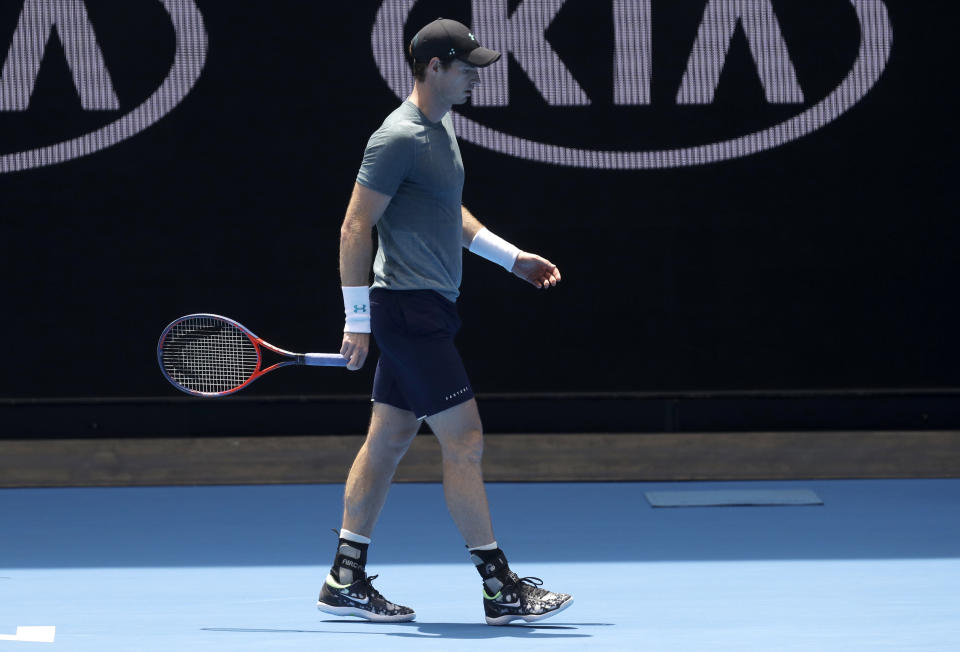 Britain's Andy Murray walks between points during his practice match against Serbia's Novak Djokovic on Margaret Court Arena ahead of the Australian Open tennis championships IN Melbourne, Australia, Thursday, Jan. 10, 2019. (AP Photo/Mark Baker)