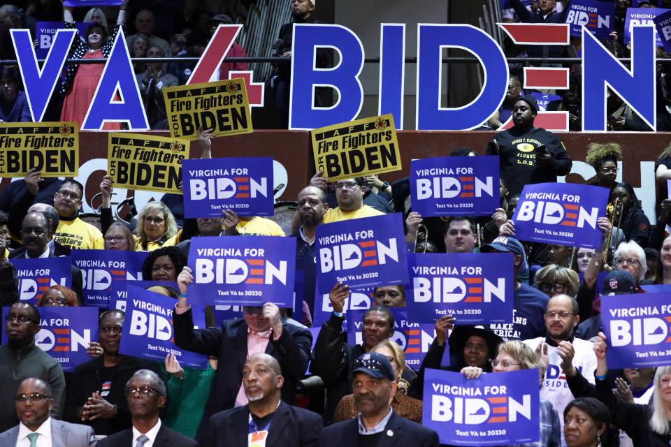 Supporters cheer Joe Biden on March 1, 2020, in Norfolk, Virginia.