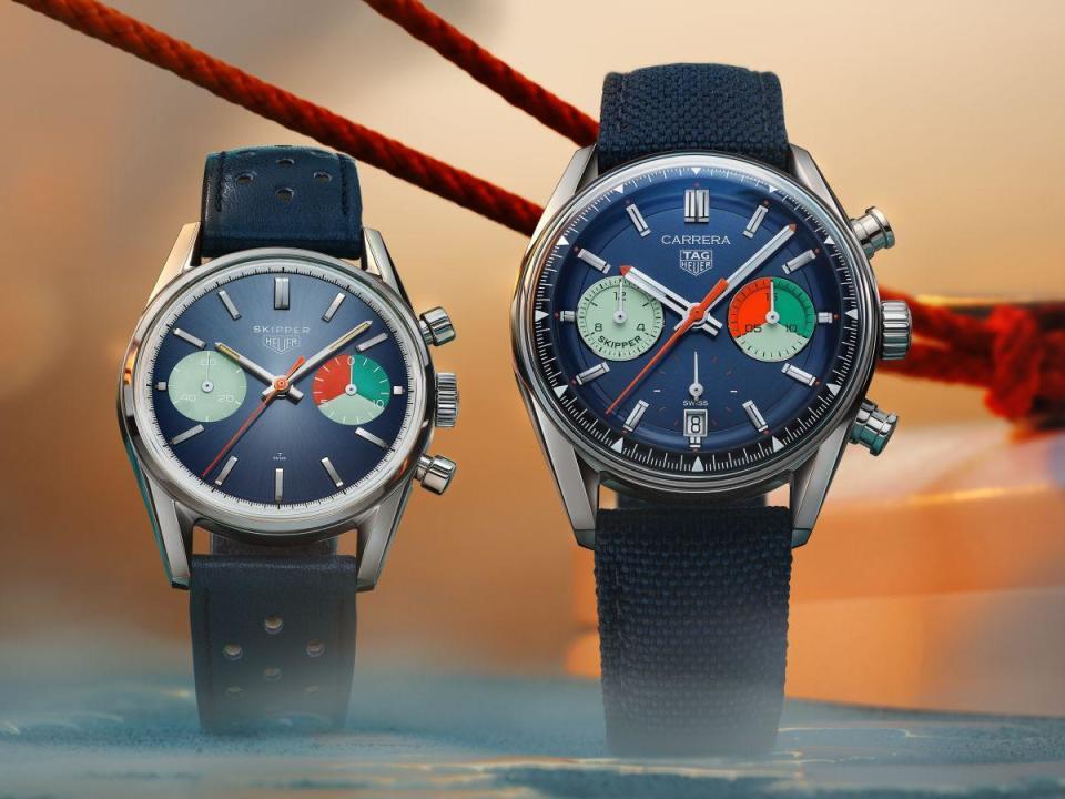 豪雅於1968年推出的首款Skipper計時腕錶（左），與全新版本的TAG Heuer Carrera Skipper 帆船計時腕錶（右）。