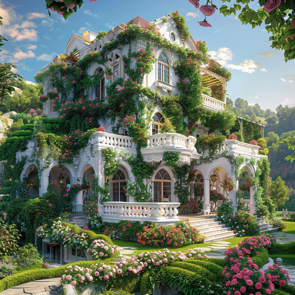 Illustration of an ornate mansion covered in lush greenery and flowers, with a fantasy setting vibe