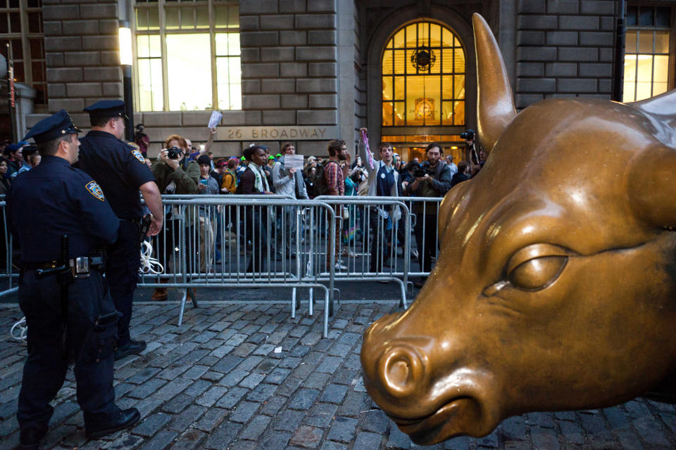 Occupy Wall Street protestors march towards Wall Street on Oct. 14, 2011, in New York. 