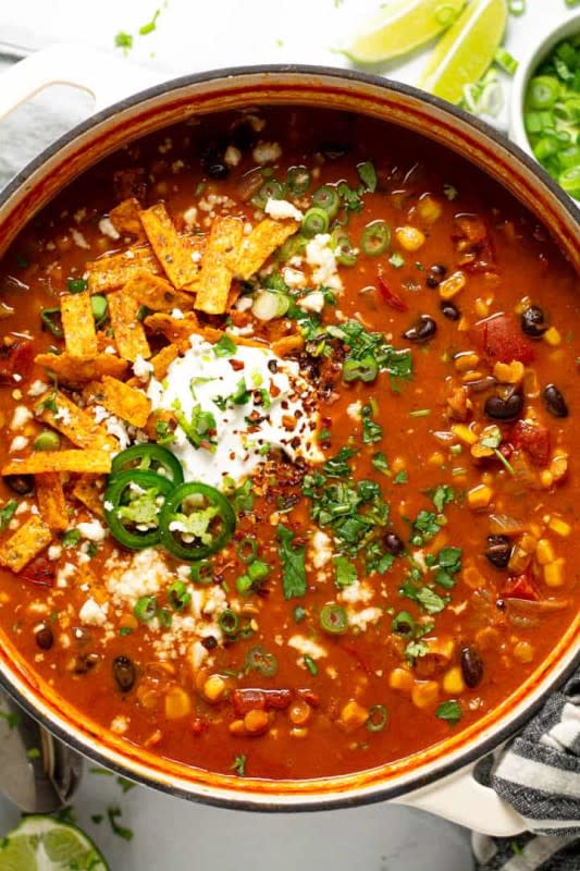 <p>Midwest Foodie</p><p>This creamy, flavor-forward, vegan lentil tortilla soup is the perfect quick and easy weeknight dinner.</p><p><strong>Get the recipe: <a href="https://midwestfoodieblog.com/vegan-lentil-tortilla-soup/" rel="nofollow noopener" target="_blank" data-ylk="slk:Vegan Lentil Tortilla Soup;elm:context_link;itc:0;sec:content-canvas" class="link ">Vegan Lentil Tortilla Soup</a></strong></p>