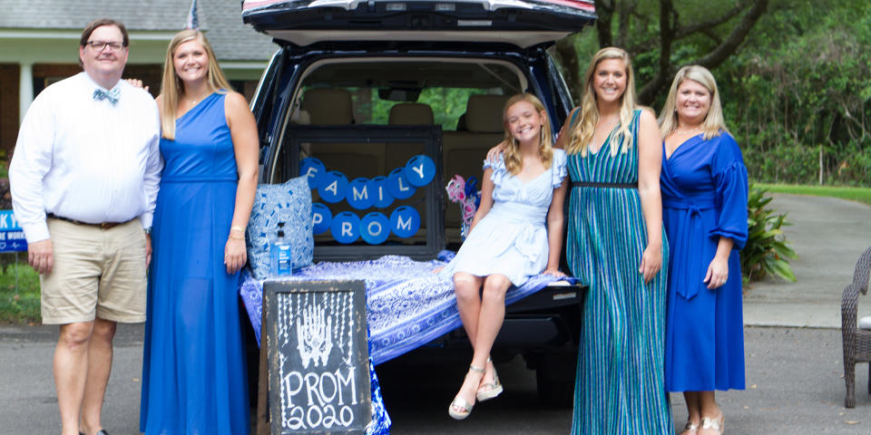 Kaki Kirk, second from the right, poses with her family at her stay-at-home prom in Tallahassee, Florida. (Courtesy of Lea Marshall)