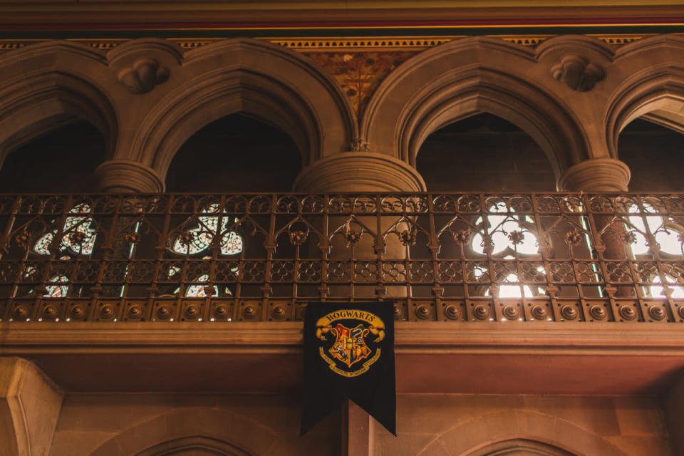 <p>The Hogwarts School of Witchcraft and Wizardry sign hung proudly as they said their vows. </p>