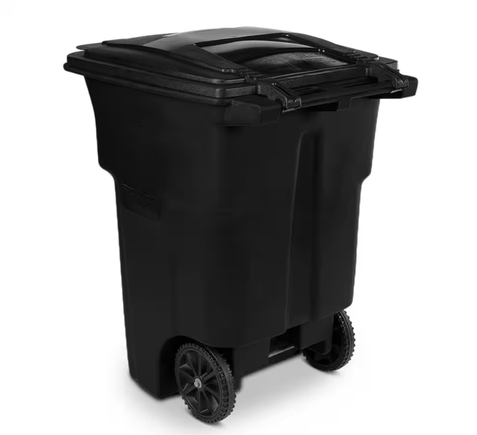 96 Gallon Black Rolling Outdoor Garbage/Trash Can with Wheels and Attached Lid