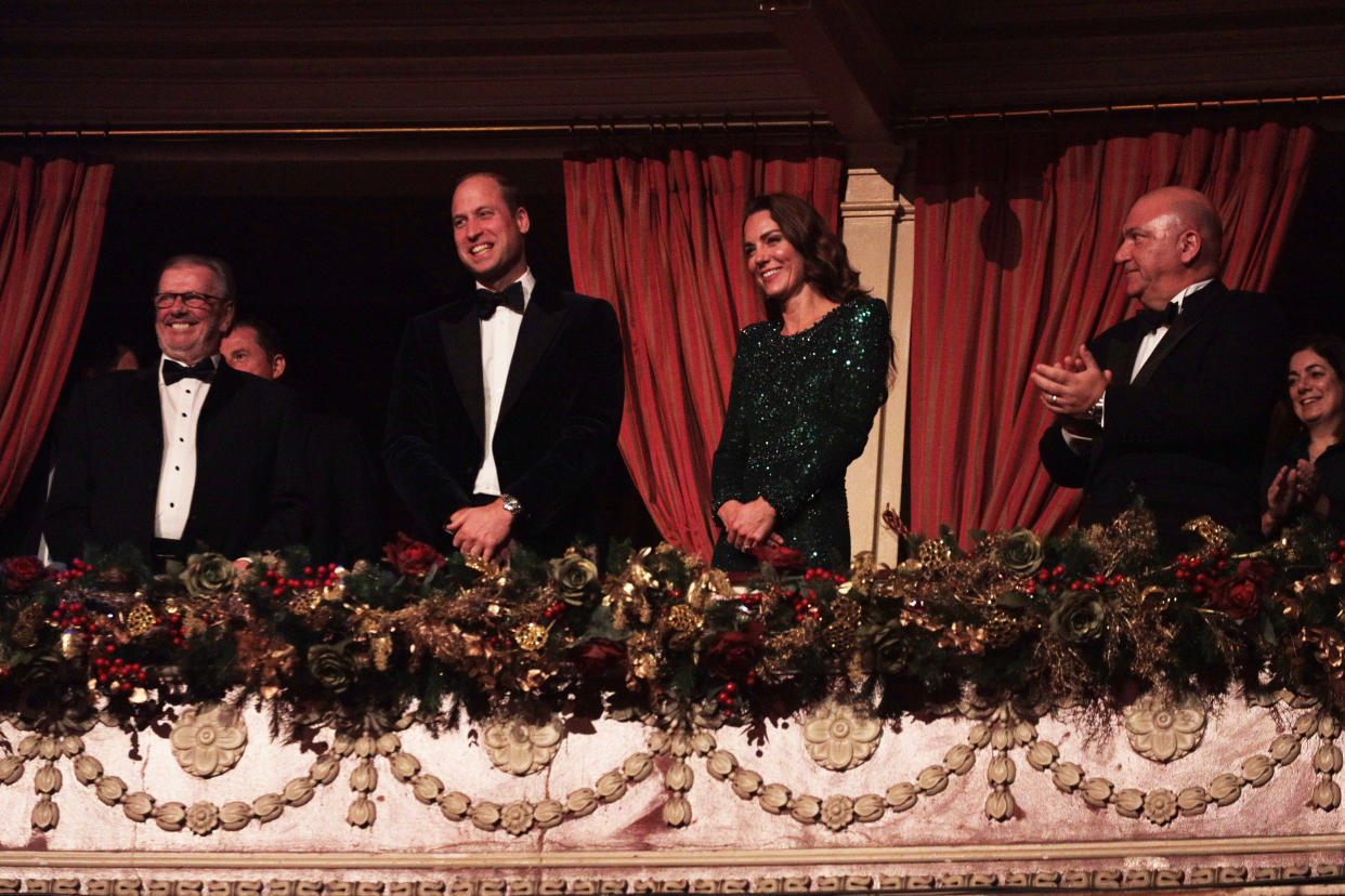 EMBARGOED PICTURE: FOR PUBLICATION ON TUESDAY 7TH DECEMBER 2021
From ITV Studios 

THE ROYAL VARIETY PERFORMANCE 2021
Sunday 19th December 2021 on ITV 

Pictured: Their Royal Highnesses, The Duke and Duchess of Cambridge join the standing ovation at the end of the show 

Comedian and presenter Alan Carr hosts his debut Royal Variety Performance from the world-famous Royal Albert Hall.  

Tonightâ€™s star-studded extravaganza in aid of the Royal Variety Charity includes exclusive performances from Ed Sheeran, Sir Rod Stewart, Elvis Costello, Anne Marie, Years & Years as well as US jazz singer Gregory Porter and musician James Blunt.

More show-stopping moments are provided by the cast of the hottest ticket in town; Moulin Rouge the Musical and Matilda the Musical who celebrate ten years in the West End. Plus, thereâ€™s sensational stand-up comedy from Bill Bailey, Josh Widdicombe, Judi Love and Chris McCausland.

The breakout star of smash hit movie The Greatest Showman â€“ Keala Settle joins to perform the anthemic â€˜This Is Meâ€™ as well as soprano Carly Paoli and singer Jane McDonald, who team up for a special duet.

Topping off an evening of truly world class entertainment, Cirque Du Soleil also return to the Royal Variety stage with a stunning excerpt from their new show Luzia plus hand balancing act The Messoudi Brothers amaze with their superhuman strength.

(C) ITV 

Photographer: Matt frost 

For further information please contact Peter Gray
Mob 07831460662 /  peter.gray@itv.com

This photograph is (C) ITV and can only be reproduced for editorial purposes directly in connection with the programmr. THE ROYAL VARIETY PERFORMANCE 2021or ITV. Once made available by the ITV Picture Desk, this photograph can be reproduced once only up until the Transmission date and no reproduction fee will be charged. Any subsequent usage may incur a fee. This photograph must not be syndicated to any other publication or website, or permanently archived, without the express written permission of ITV Picture Desk. Full Terms and conditions are available on the website www.itvpictures.com


