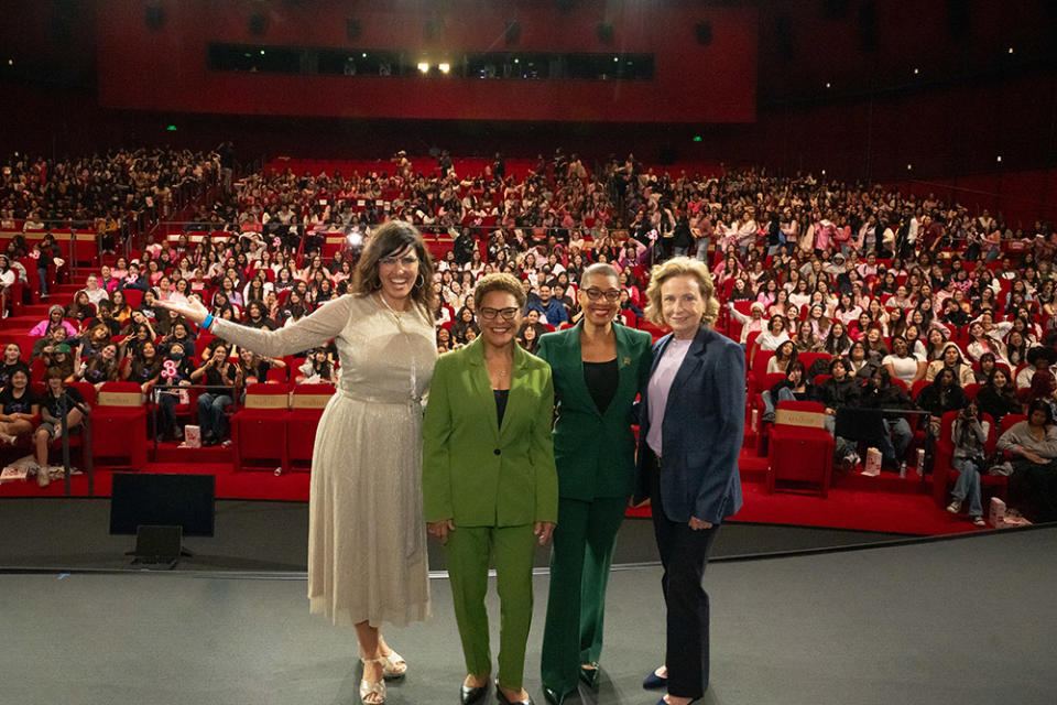 Mayor Karen Bass, Academy Museum President Jacqueline Stewart, President and CEO of LA Promise Fund Veronica Melvin and LA promise Fund Board Member Megan Chernin with 1000 GirlsBuild students at the Academy Museum’s David Geffen Theater