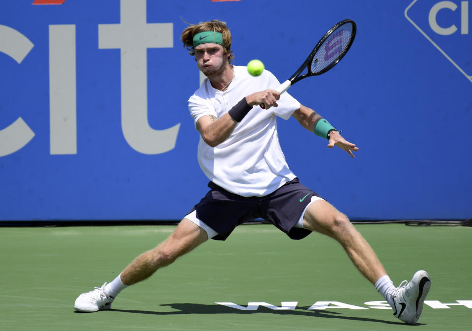 Andrey Rublev, of Russia, hits a return to Denis Kudla during the quarterfinal round of the Citi Open tennis tournament in Washington, Saturday, Aug. 4, 2018. (AP Photo/Susan Walsh)