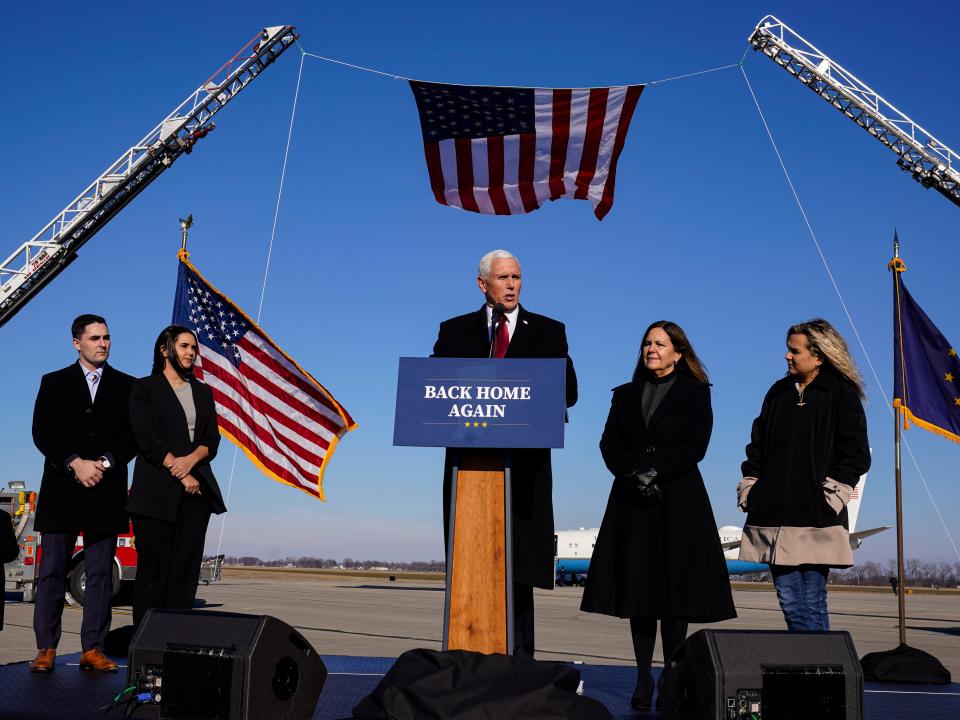 <p>Mike and Karen Pence at the inauguration of Joe Biden and Kamala Harris. </p> (AP)