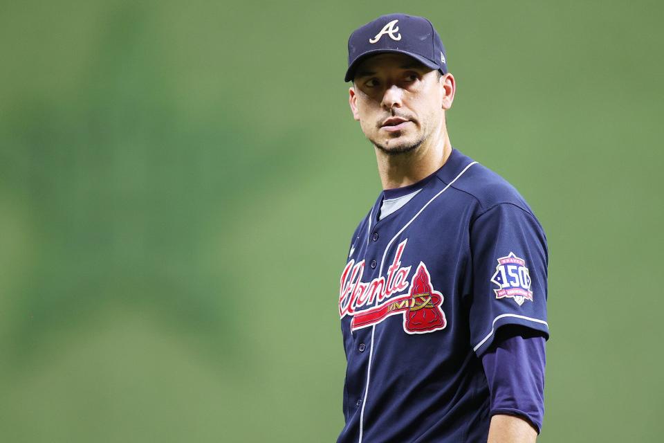 Charlie Morton #50 of the Atlanta Braves looks on against the Houston Astros during the second inning in Game One of the World Series at Minute Maid Park on October 26, 2021 in Houston, Texas