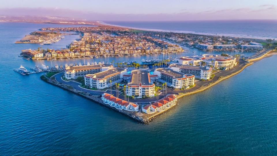 an overhead shot of the loews coronado bay over the water in san diego, a good housekeeping pick for best family vacation destination