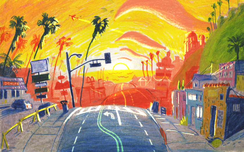 An illustration of a road through town to the ocean with a sunset sky