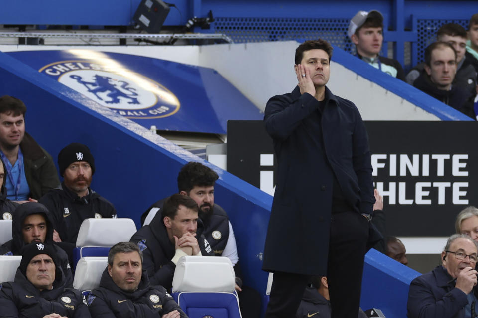 Chelsea's head coach Mauricio Pochettino watches his side play from the sideline during the English Premier League soccer match between Chelsea and Wolverhampton Wanderers at Stamford Bridge stadium in London, Sunday, Feb. 4, 2024. (AP Photo/Ian Walton)