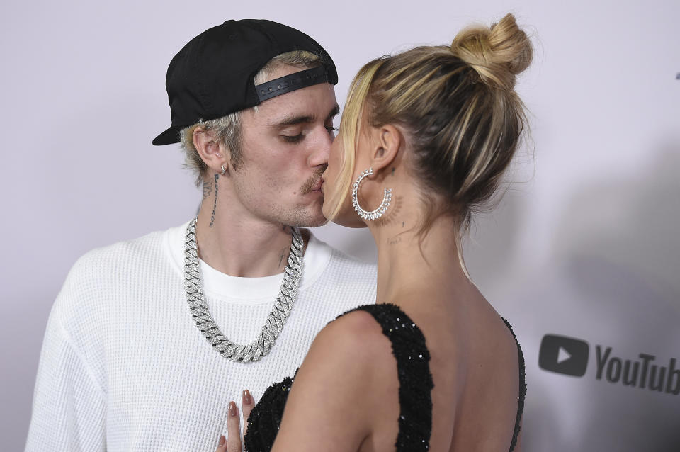 Justin Bieber and Hailey Bieber arrive at the Los Angeles premiere of "Justin Bieber: Seasons" on Monday, Jan. 27, 2020. (Photo by Jordan Strauss/Invision/AP)