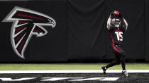 Atlanta Falcons wide receiver Brandon Powell (15) makes a touchdown catch against the Las Vegas Raiders during the second half of an NFL football game, Sunday, Nov. 29, 2020, in Atlanta. (AP Photo/John Bazemore)