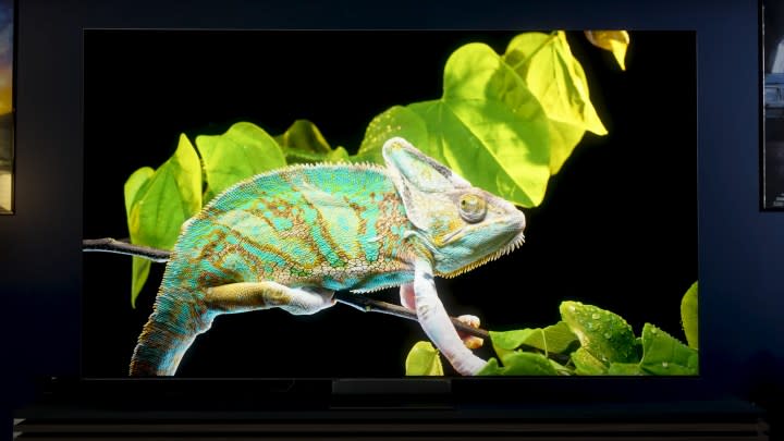 A chameleon against a green backdrop shown on a Samsung QN900D TV.