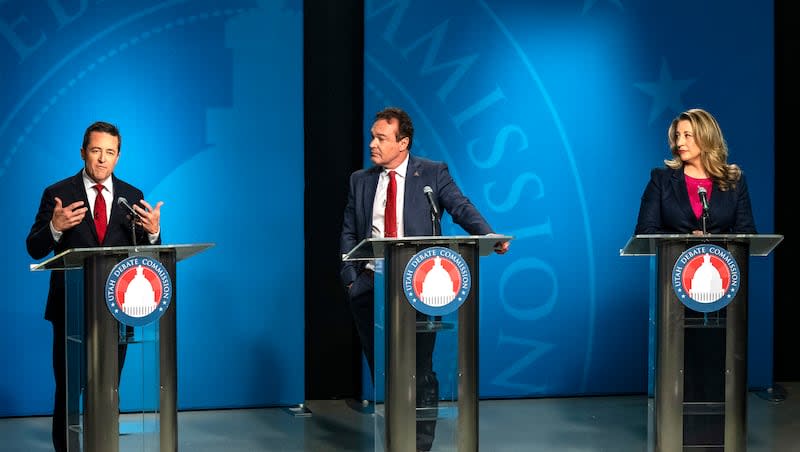 The attorney general GOP primary debate between Derek Brown, Frank Mylar and Rachel Terry, at the KUED Studio on Tuesday, June 11, 2024.