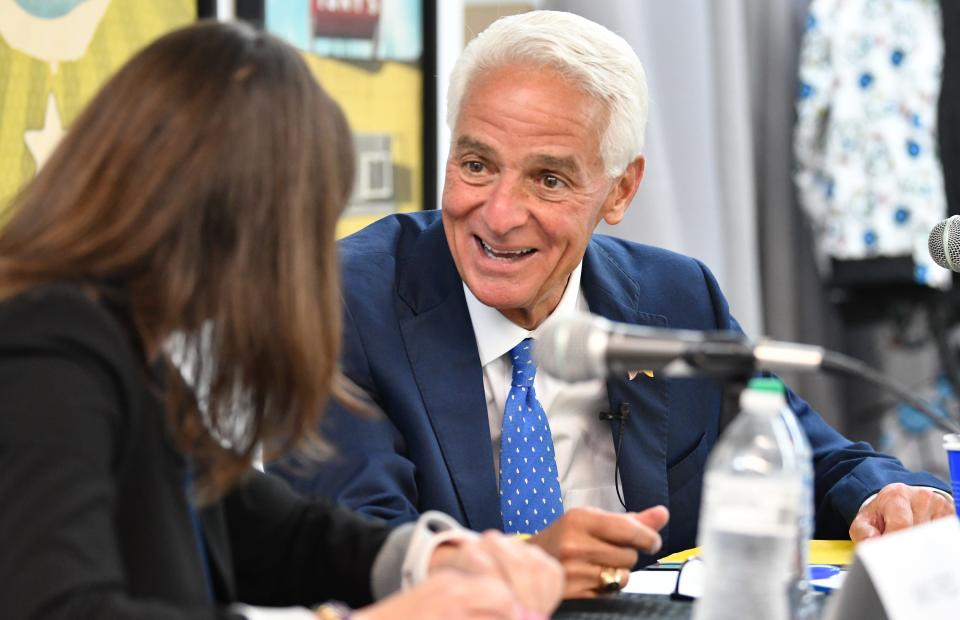 Democratic gubernatorial candidates Nikki Fried and Charlie Crist attend a debate Wednesday night, June 15, 2022 at The Box Gallery in West Palm Beach.