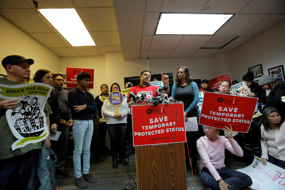 <p>Salvadoran immigrant Hugo Rodriguez speaks during a news conference at the New York Immigration Coalition following U.S. President Donald Trump’s announcement to end the Temporary Protection Status for Salvadoran immigrants in Manhattan, New York City, Jan. 8, 2018. (Photo: Andrew Kelly/Reuters) </p>