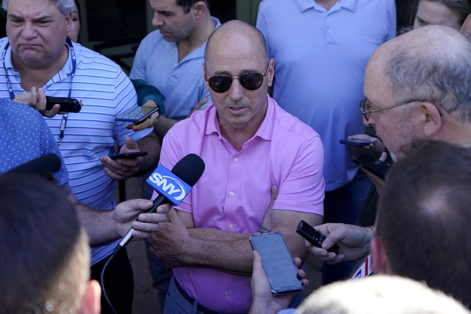 New York Yankees general manager Brian Cashman speaks during the Major League Baseball's general manager meetings, Tuesday, Nov. 7, 2023, in Scottsdale, Ariz. (AP Photo/Matt York)