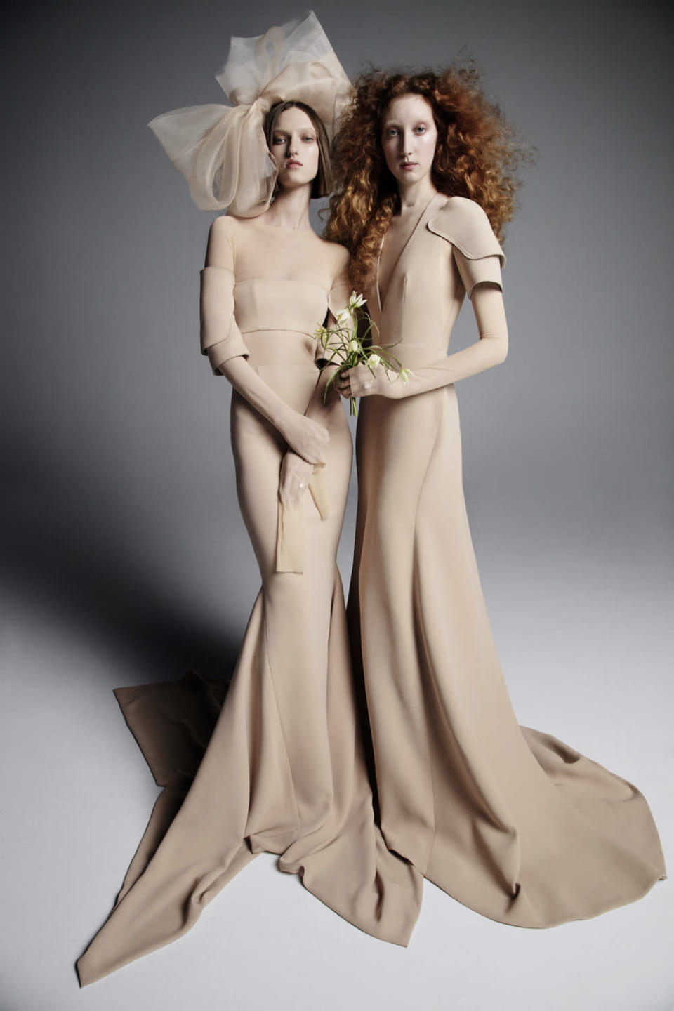 <p>Simple, elegant tan gowns. (Photo: Inez & Vinoodh) </p>