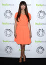 Celebrities in neon fashion: Hannah Simone brightened up our mornings in her coral-coloured frock.<br><br>[Rex]