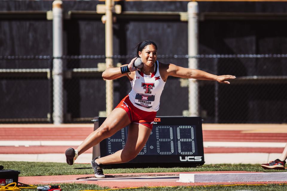 Texas Tech graduate student Kayli Johnson won the Big 12 championship in the women's shot put Saturday with a school record mark of 58 feet, 4 3/4 inches. Johnson graduated with a master's degree the day before.