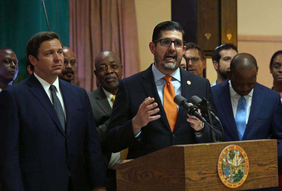 Sen. Manny Diaz Jr., R-Hialeah, and Florida Gov. Ron DeSantis at William A. Kirlew Junior Academy, a Seventh-day Adventist K-8 school in Miami Gardens, in 2019.