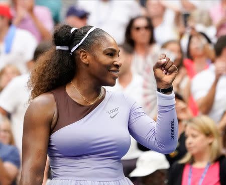 Sept 2, 2018; New York, NY, USA; Serena Williams of the USA celebrates after defeating Kaia Kanepi of Estonia in a fourth round match on day seven of the 2018 U.S. Open tennis tournament at USTA Billie Jean King National Tennis Center. Mandatory Credit: Robert Deutsch-USA TODAY Sports