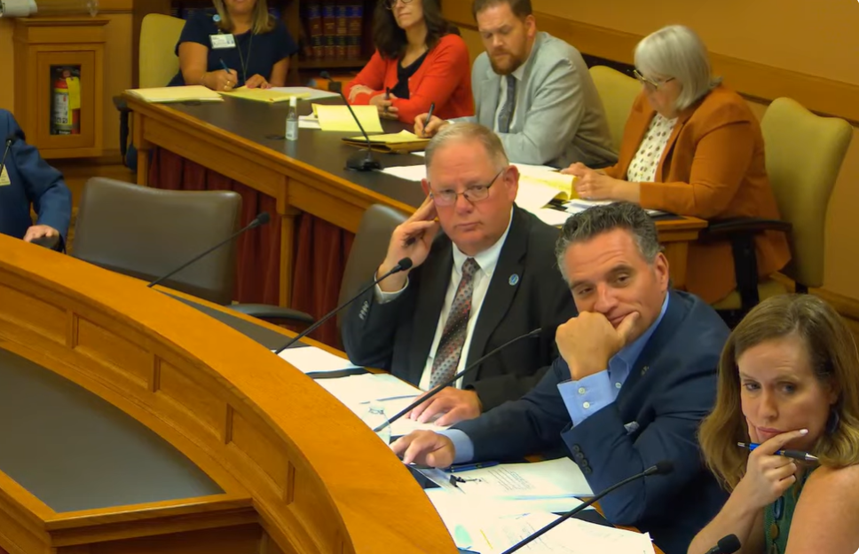 House Speaker Dan Hawkins, left, and Senate President Ty Masterson convinced the bipartisan Legislative Coordinating Council to authorize a 21-member special committee to study options for altering the process of developing an annual state budget. (Screen capture from Kansas Legislature's YouTube channel)