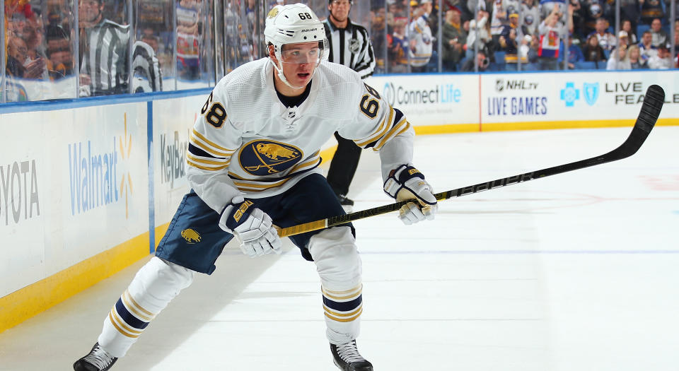 Victor Olofsson has scored seven goals on the power play to start his career with the Buffalo Sabres. (Photo by Sara Schmidle/NHLI via Getty Images)