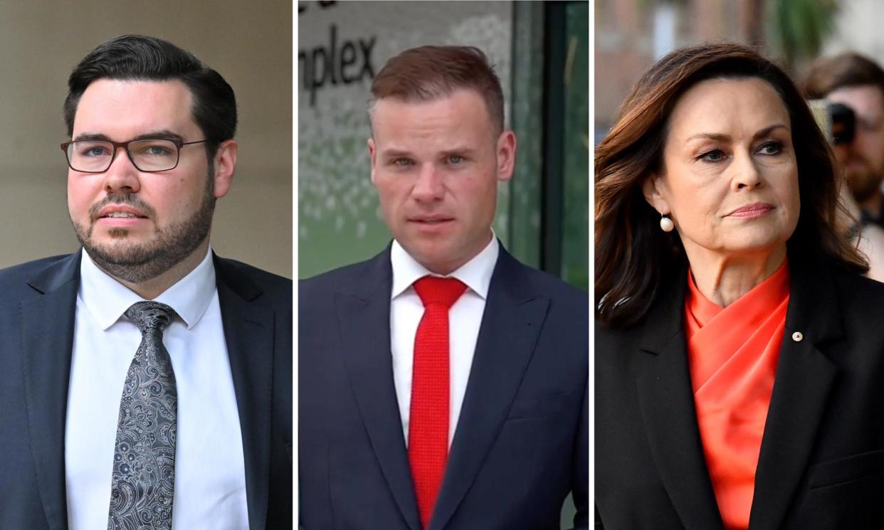 <span>Former Seven producer Taylor Auerbach, centre, will give evidence today in the defamation trial involving Bruce Lehrmann and Lisa Wilkinson. </span><span>Composite: AAP/Sky News</span>