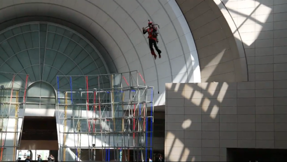 A pilot flew a jetpack for 20 seconds in the atrium of the Ronald Reagan Building and International Trade Center on May 17, 2014, at the "Future is Here" festival in Washington, D.C.