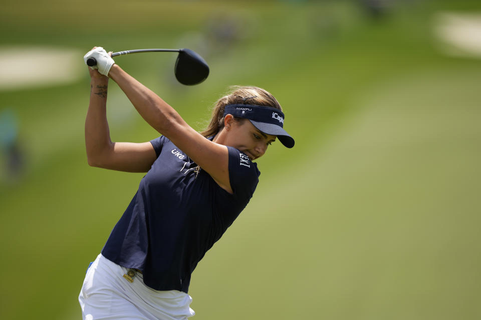 Lexi Thompson hits on the 18th hole during a practice round for the U.S. Women's Open golf tournament at Lancaster Country Club, Tuesday, May 28, 2024, in Lancaster, Pa. (AP Photo/Matt Slocum)