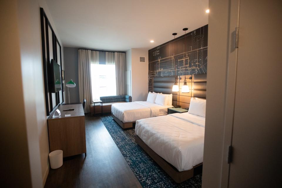 A standard room inside Hotel Indigo, a seven-story, 143-room boutique hotel that recently opened in CollegeTown. 