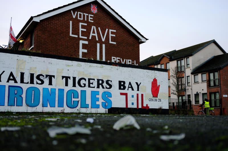 Brexit slogan is seen on the side of a house in Belfast