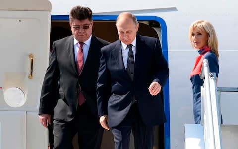 Vladimir Putin touches down in Helsinki - Credit: Jonathan Nackstrand/AFP